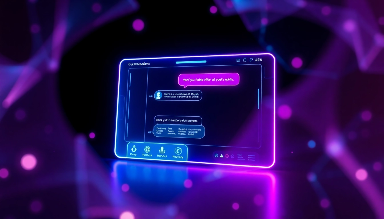 Futuristic AI chat interface with neon accents and holographic elements on a dark background.