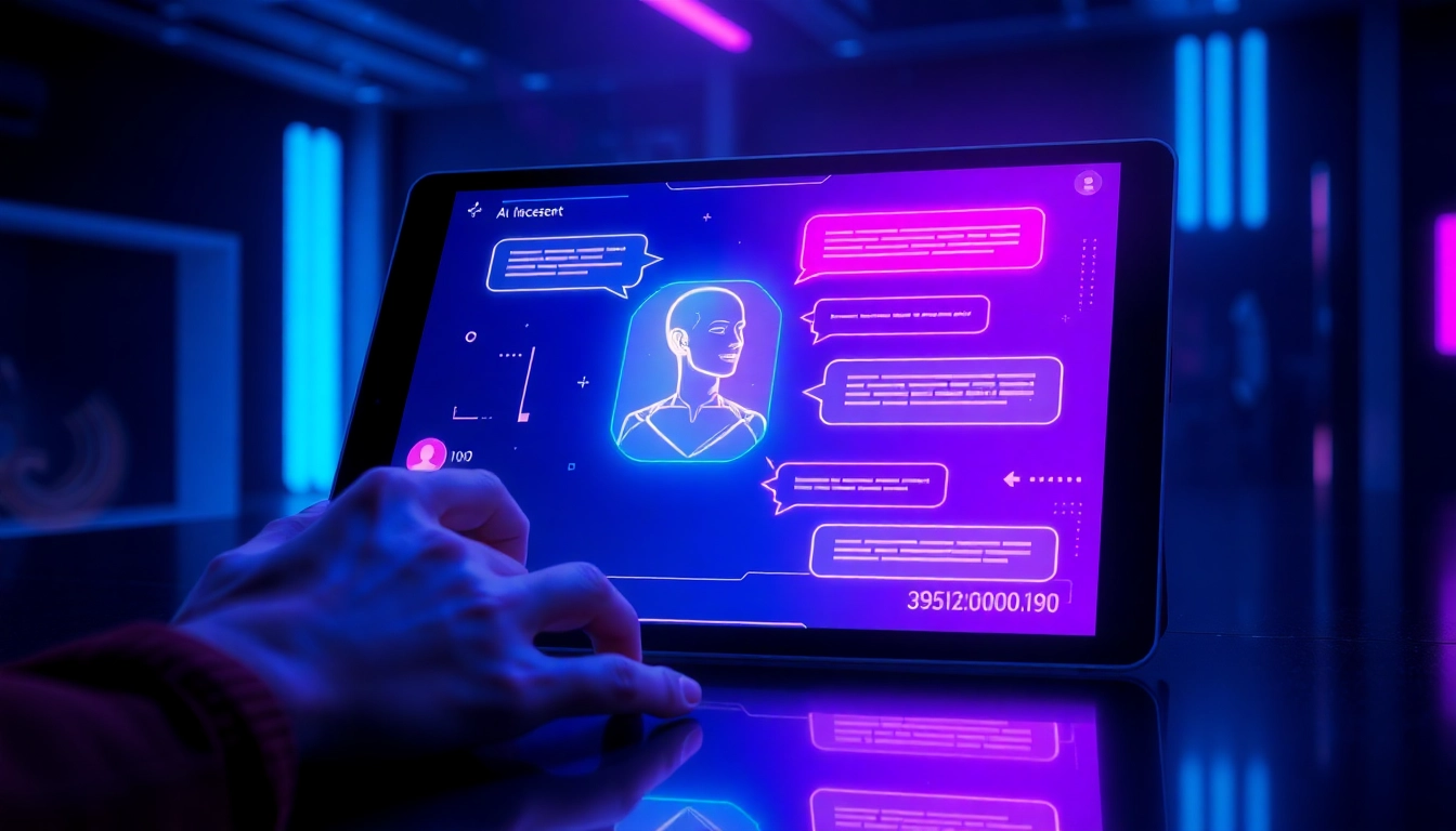 Futuristic AI chat interface on a tablet with holographic avatar and neon cyberpunk aesthetics.