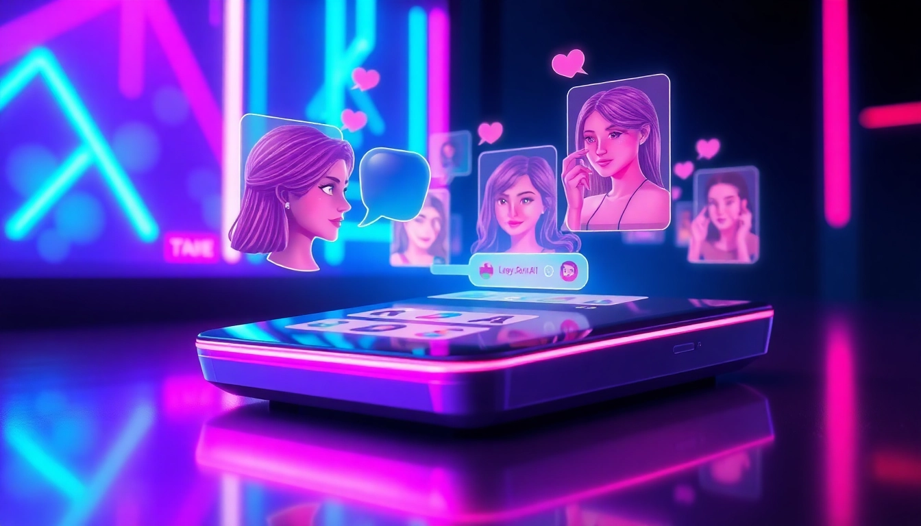 Futuristic digital scene of holographic AI characters engaging in conversation on a high-tech device with neon lighting.