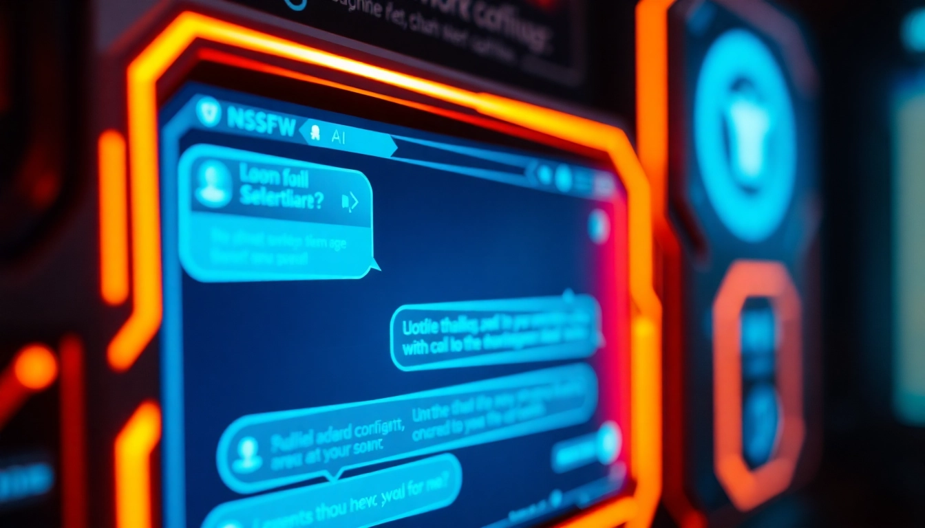 Illustration of a futuristic digital conversation highlighting nsfw ai chat featuring glowing interface and intimate chat visuals for enhanced user engagement.