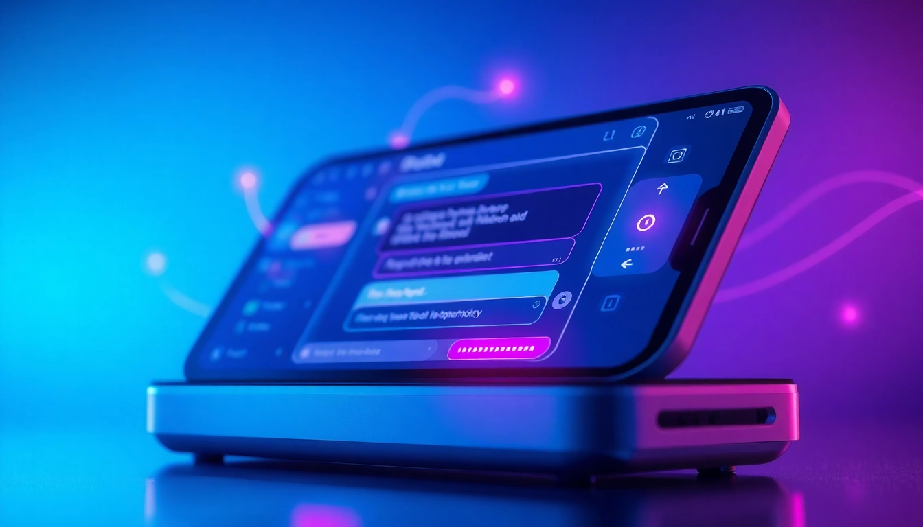 Futuristic digital chat interface on a modern device with neon accents and holographic data flow