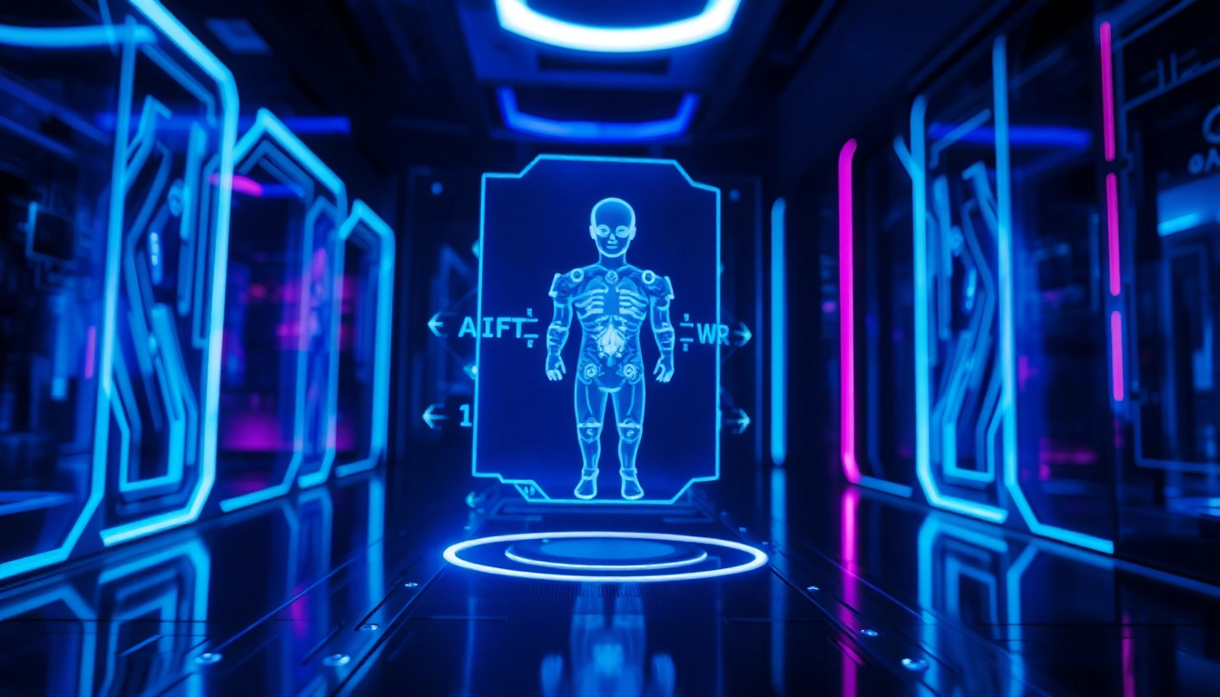 Futuristic AI holographic interface with virtual character in a high-tech environment