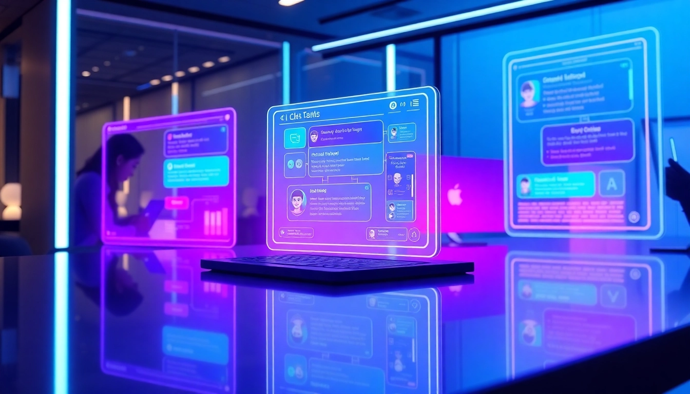 Futuristic digital workspace with AI chat interfaces and holographic screens