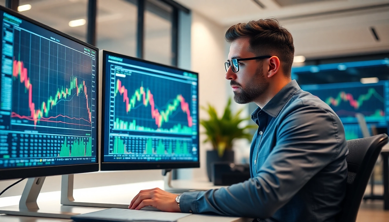 A finance expert analyzing UK Stock Market News and financial data in a modern office setting